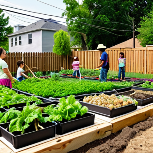 Home 15 **
A vibrant urban garden filled with locals cultivating vegetables, emphasizing community engagement and sustainable agriculture in a revitalized neighborhood. Include a mix of adults and children working together, highlighting the intergenerational aspect of the project.
**