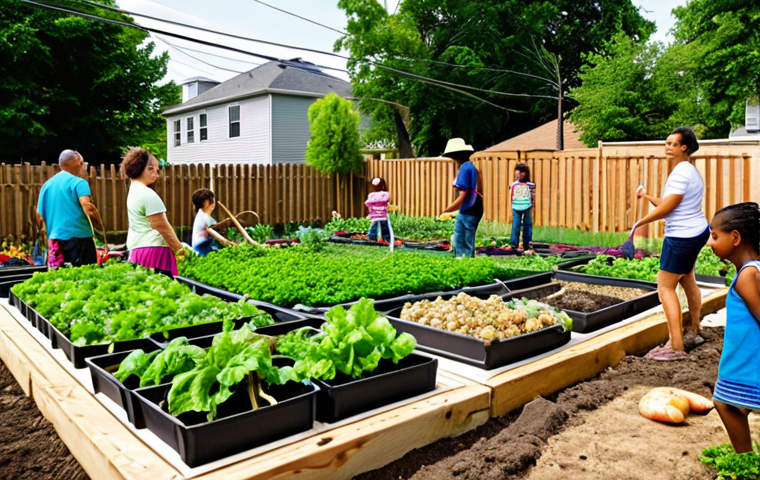 **
A vibrant urban garden filled with locals cultivating vegetables, emphasizing community engagement and sustainable agriculture in a revitalized neighborhood. Include a mix of adults and children working together, highlighting the intergenerational aspect of the project.
**