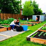 An outdoor shot of a vibrant urban community garden, once an abandoned lot, now teeming with life. A diverse group of people, including adults and children, are engaged in gardening activities. They are all wearing modest, comfortable, and practical everyday clothing. The garden features raised garden beds overflowing with diverse plants, a small, simple composting station, and a communal seating area constructed from reclaimed materials. In the background, subtle hints of urban architecture indicate the city setting. The scene conveys a sense of collaboration and community. Professional photography, high detail, natural lighting, fully clothed, appropriate attire, safe for work, perfect anatomy, correct proportions, natural pose, well-formed hands, proper finger count, natural body proportions, appropriate content, family-friendly.