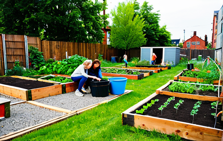 An outdoor shot of a vibrant urban community garden, once an abandoned lot, now teeming with life. A diverse group of people, including adults and children, are engaged in gardening activities. They are all wearing modest, comfortable, and practical everyday clothing. The garden features raised garden beds overflowing with diverse plants, a small, simple composting station, and a communal seating area constructed from reclaimed materials. In the background, subtle hints of urban architecture indicate the city setting. The scene conveys a sense of collaboration and community. Professional photography, high detail, natural lighting, fully clothed, appropriate attire, safe for work, perfect anatomy, correct proportions, natural pose, well-formed hands, proper finger count, natural body proportions, appropriate content, family-friendly.