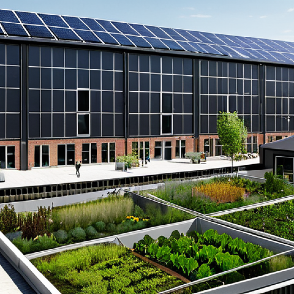 Transformed Factory - Social Innovation Hub**

"Exterior of a renovated, modern building that was once an old factory. Solar panels are visible on the roof. The surrounding area features community gardens with recycled materials used in the construction. People are entering and exiting the building. Safe for work, appropriate content, fully clothed, professional architecture, perfect anatomy, correct proportions, natural light, family-friendly."

**