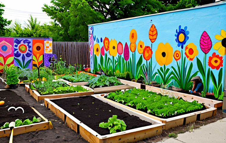 Urban Oasis**
Prompt: A vibrant community garden in a revitalized urban space, fully clothed adults and children planting vegetables, surrounded by colorful murals and recycled art installations, compost bins visible. safe for work, appropriate content, family-friendly, perfect anatomy, correct proportions, natural pose, well-formed hands, proper finger count, professional photography, high quality, modest dress.
**