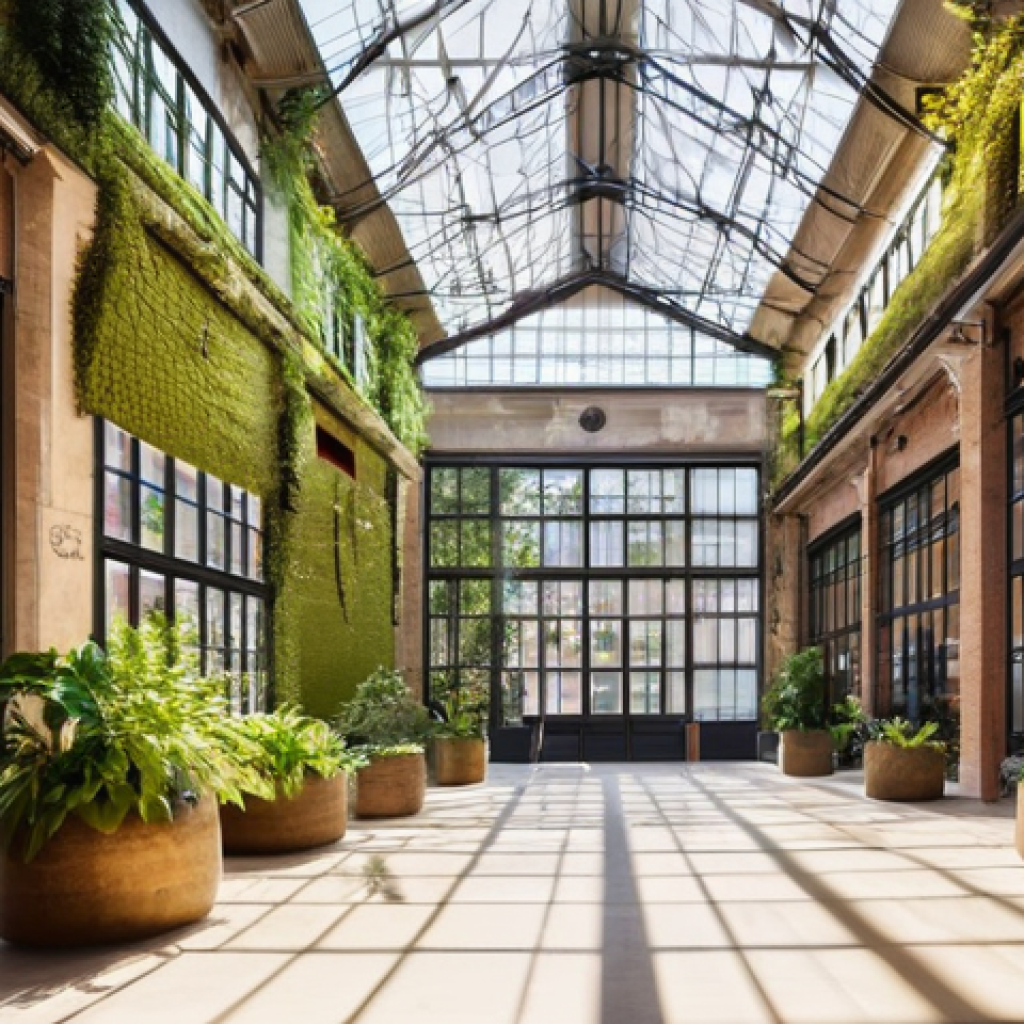 폐공간을 활용한 생태 관광 개발 사례 - **Vibrant Industrial Metamorphosis: A Catalan Textile Factory Transformed.**
A wide-angle, brigh...