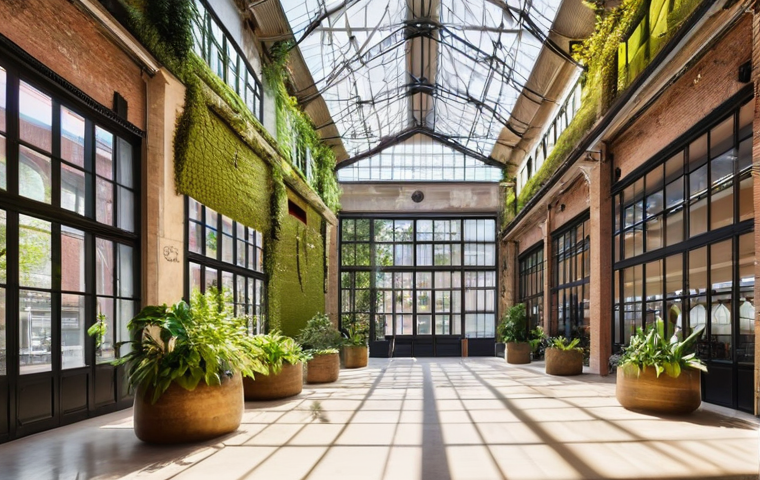 폐공간을 활용한 생태 관광 개발 사례 - **Vibrant Industrial Metamorphosis: A Catalan Textile Factory Transformed.**
A wide-angle, brigh...