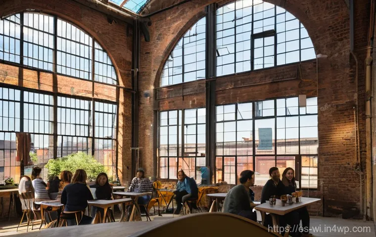폐공간 활용을 위한 지역 발전 전략 - A wide-angle, vibrant interior shot of a transformed abandoned industrial factory, now a thriving cu...
