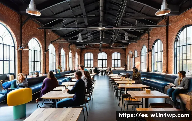 폐공간 활용을 위한 자원 순환 사례 - **Prompt:** A vibrant, sunlit interior of a former industrial building, now a bustling cultural cent...