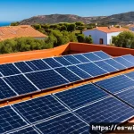 Home 19 생태적 전환을 위한 혁신적인 기술 - A modern Spanish residential rooftop with high-efficiency solar panels gleaming under a clear blue s...