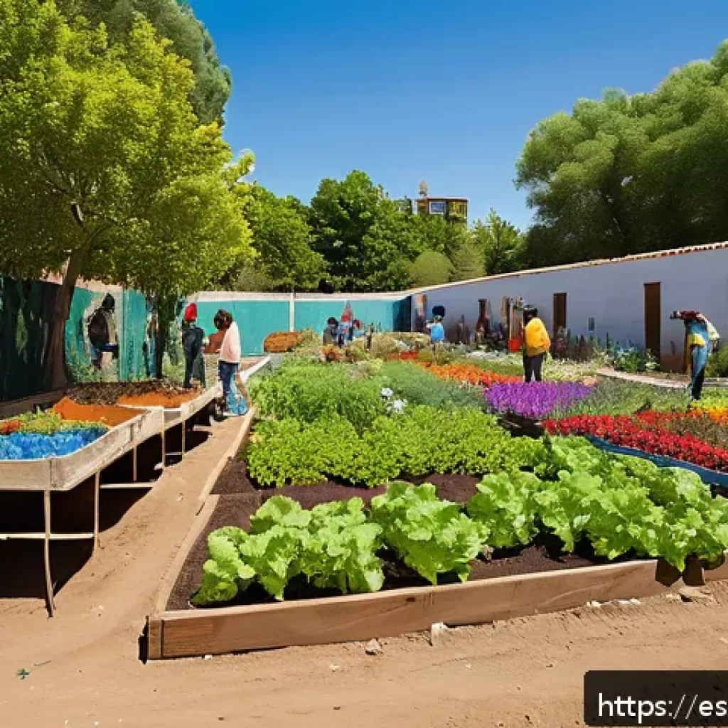 폐공간 생태적 전환의 글로벌 동향 - A vibrant urban community garden in a Spanish-speaking city, featuring diverse groups of people of v...