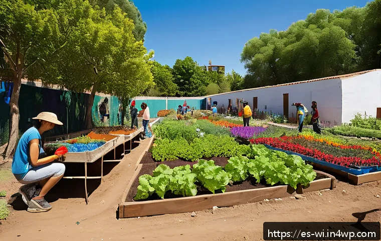 폐공간 생태적 전환의 글로벌 동향 - A vibrant urban community garden in a Spanish-speaking city, featuring diverse groups of people of v...