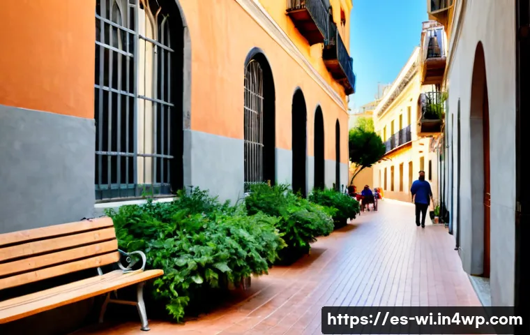 폐공간의 재구성을 통한 도시 미관 개선 사례 - Photorealistic urban renewal scene in a Spanish city, a formerly abandoned narrow alley transformed ...